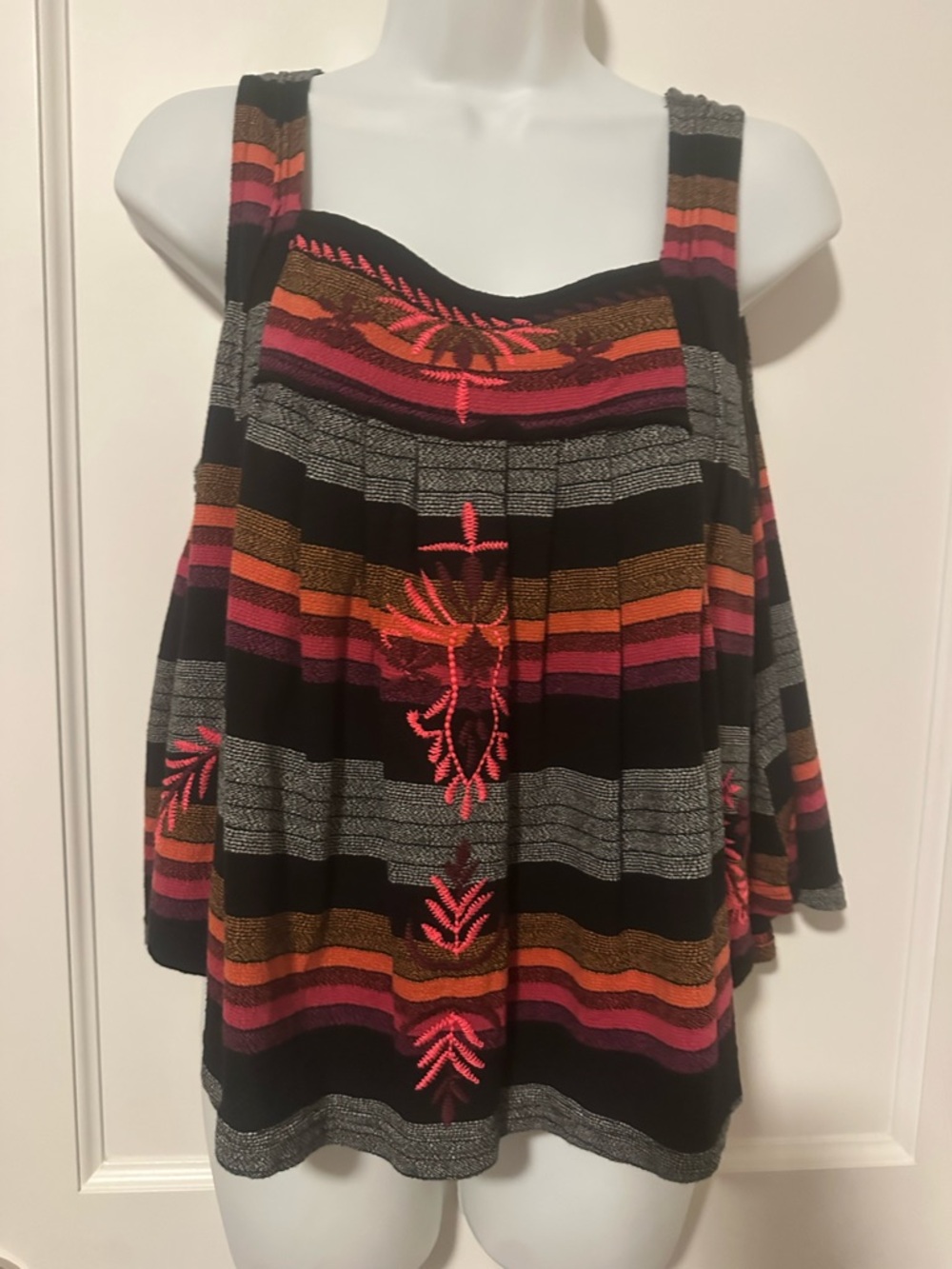 Free People Black Striped Embroidered Crop Tank with Pink & Orange Accents